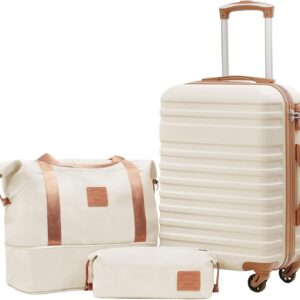 Coolife 3 Piece Luggage Set Carry On Suitcase with Hardside Durable TSA Lock Spinner Wheels (Apricot White, DB/TB/20)