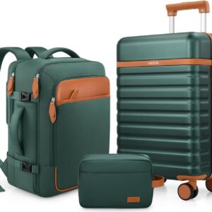 UKEIN Luggage Sets 3 Piece, Carry On Luggage 20In With Spinner Wheels,PC Hardside Suitcase Set with TSA Lock,Durable Carry On Suitcase With Travel Backpack for Men (Green, 3 piece set (20inch))