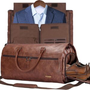 STOVER Garment Travel Duffle Bag, Large 2-in-1 Convertible Carry-on Luggage for Men & Women- Hanging Suits, Dresses & Clothes + Shoe Compartment- Weekender Tote Combo Duffel (Brown Leatherette)