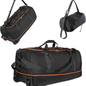 32" Soft-Sided Foldable Wheeled Duffle Bag, 110L Expandable 140L Rolling Travel Bag with Matching Storage Pouch, Updated Black-Orange