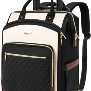 Rolling Backpack for Women, Travel Backpack with Wheels, Dual-Opening Wheeled Laptop Backpack, Stylish Rolling Laptop Bag, Overnight Underseat Carry on Luggage for College Business Work, Beige Brown
