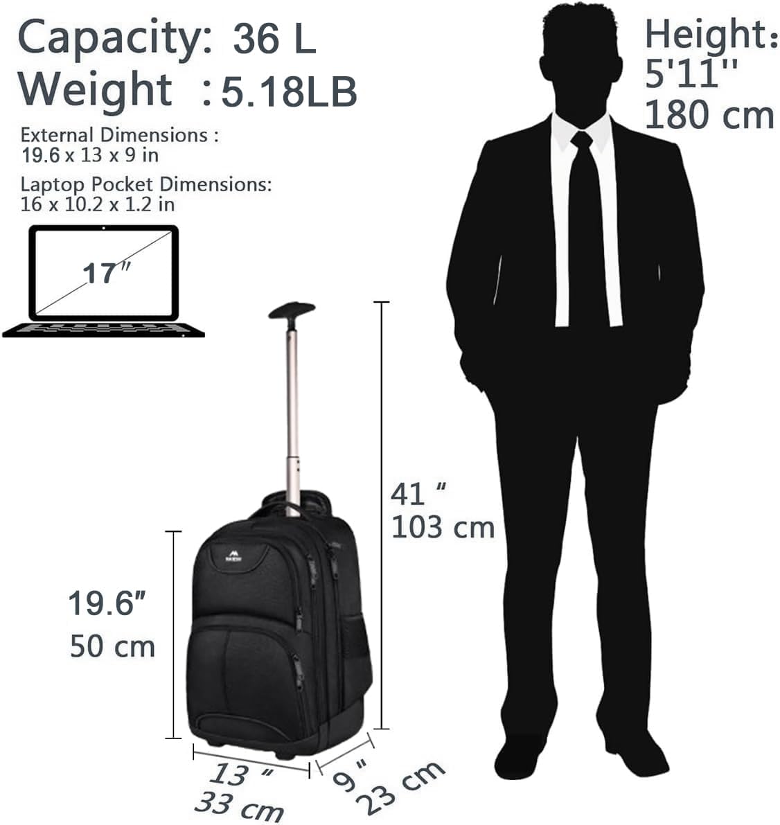 MATEIN Rolling Backpack, 17 inch Water Resistant Wheeled Laptop Backpack, Carry on Luggage Business Bag, Overnight College Computer Bag Trolley Suitcase for Men Women Adults to Travel, Black - Image 7