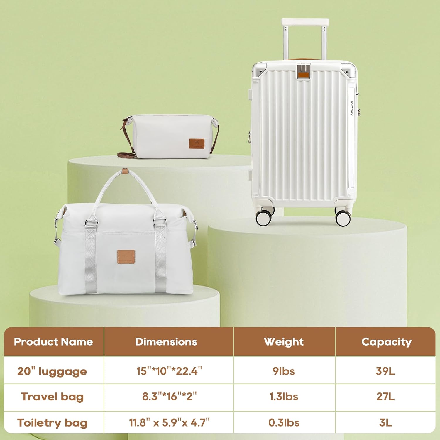 Joyway 20in Carry On Luggage with Cup Holder and USB Port, 25% Expandable Capacity, Smart Suitcase with Anti Slip Wheels and Handbag, Perfect for Men and Women 3 Piece Set White - Image 5