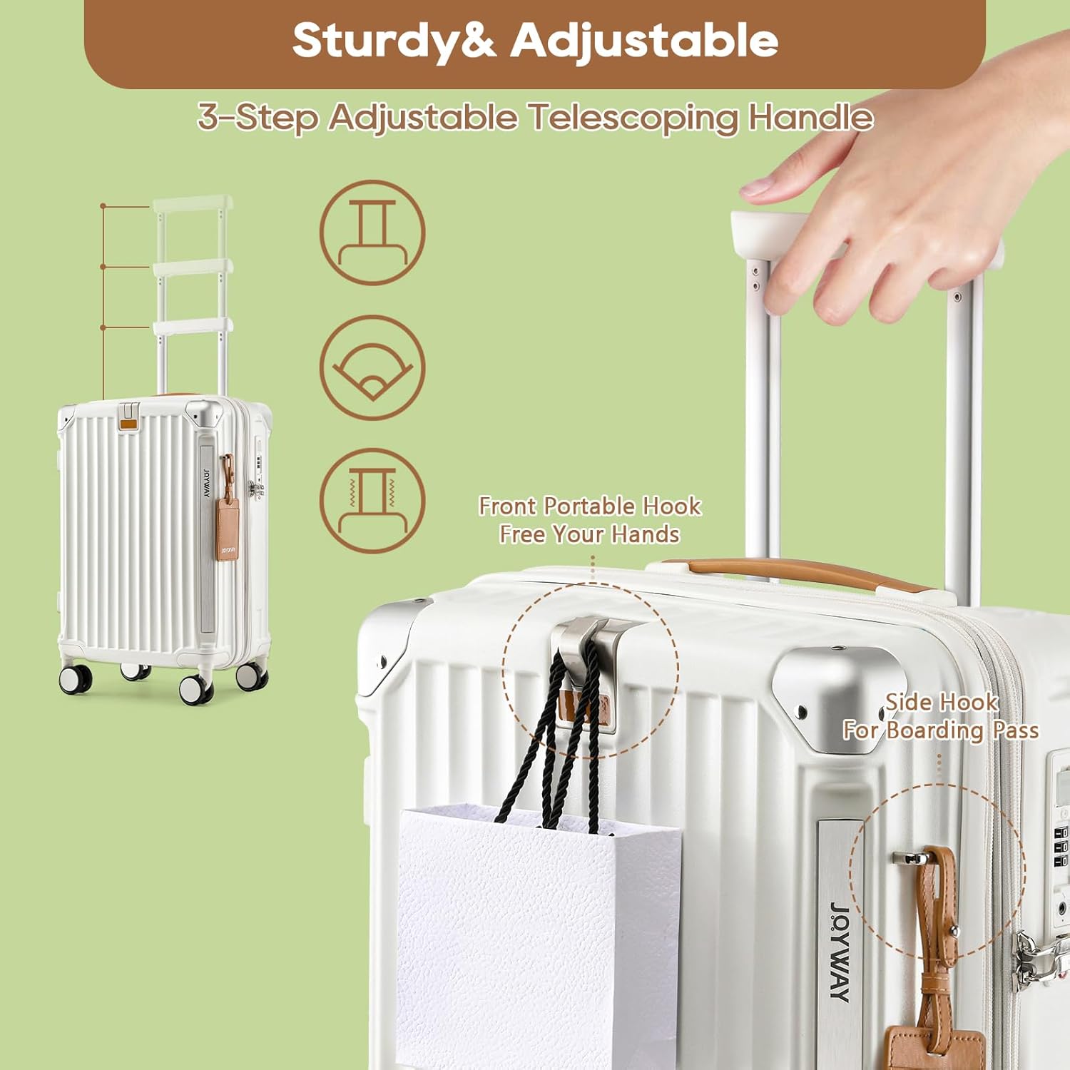 Joyway 20in Carry On Luggage with Cup Holder and USB Port, 25% Expandable Capacity, Smart Suitcase with Anti Slip Wheels and Handbag, Perfect for Men and Women 3 Piece Set White - Image 7