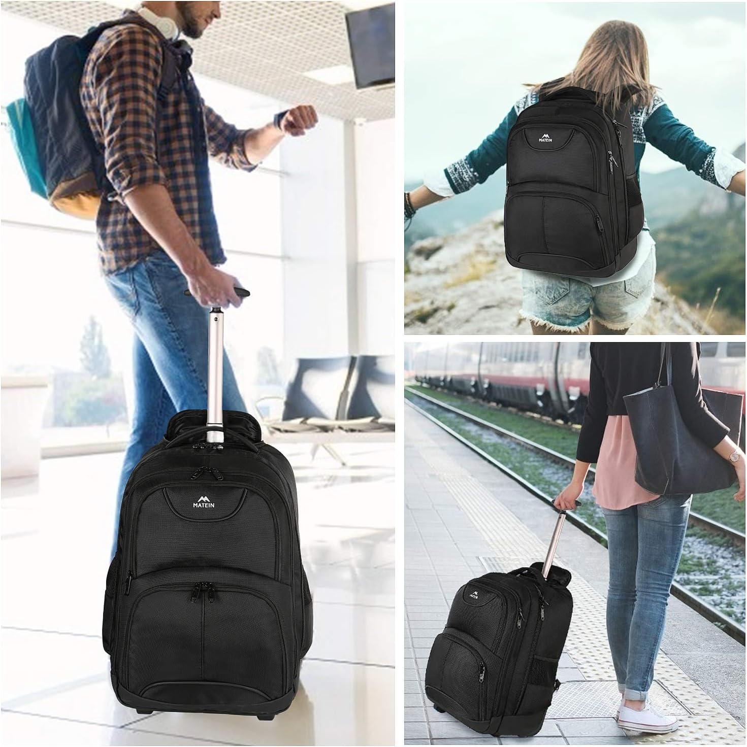 MATEIN Rolling Backpack, 17 inch Water Resistant Wheeled Laptop Backpack, Carry on Luggage Business Bag, Overnight College Computer Bag Trolley Suitcase for Men Women Adults to Travel, Black - Image 8