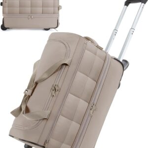 BAGSMART Rolling Duffle Bag with Wheels, Carry On Bag Duffel Bag for Travel, Wet Pocket Duffle with Wheels and Handle, Khaki, 40L