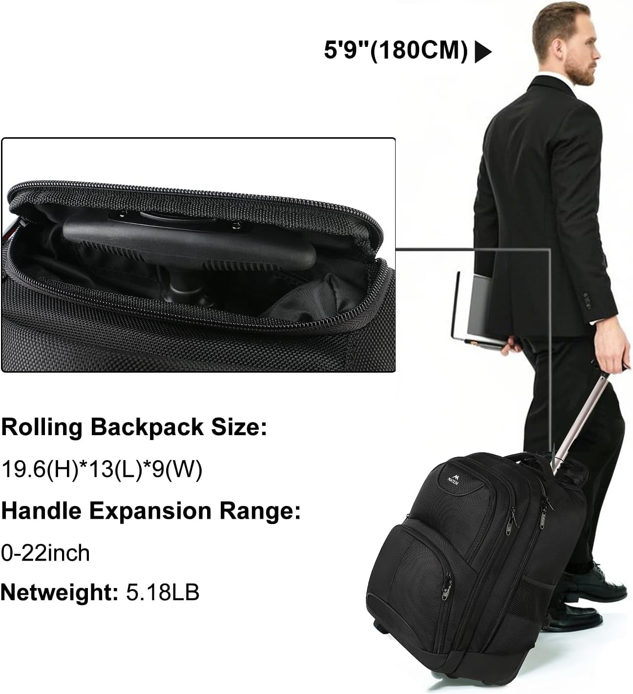 MATEIN Rolling Backpack, 17 inch Water Resistant Wheeled Laptop Backpack, Carry on Luggage Business Bag, Overnight College Computer Bag Trolley Suitcase for Men Women Adults to Travel, Black - Image 5