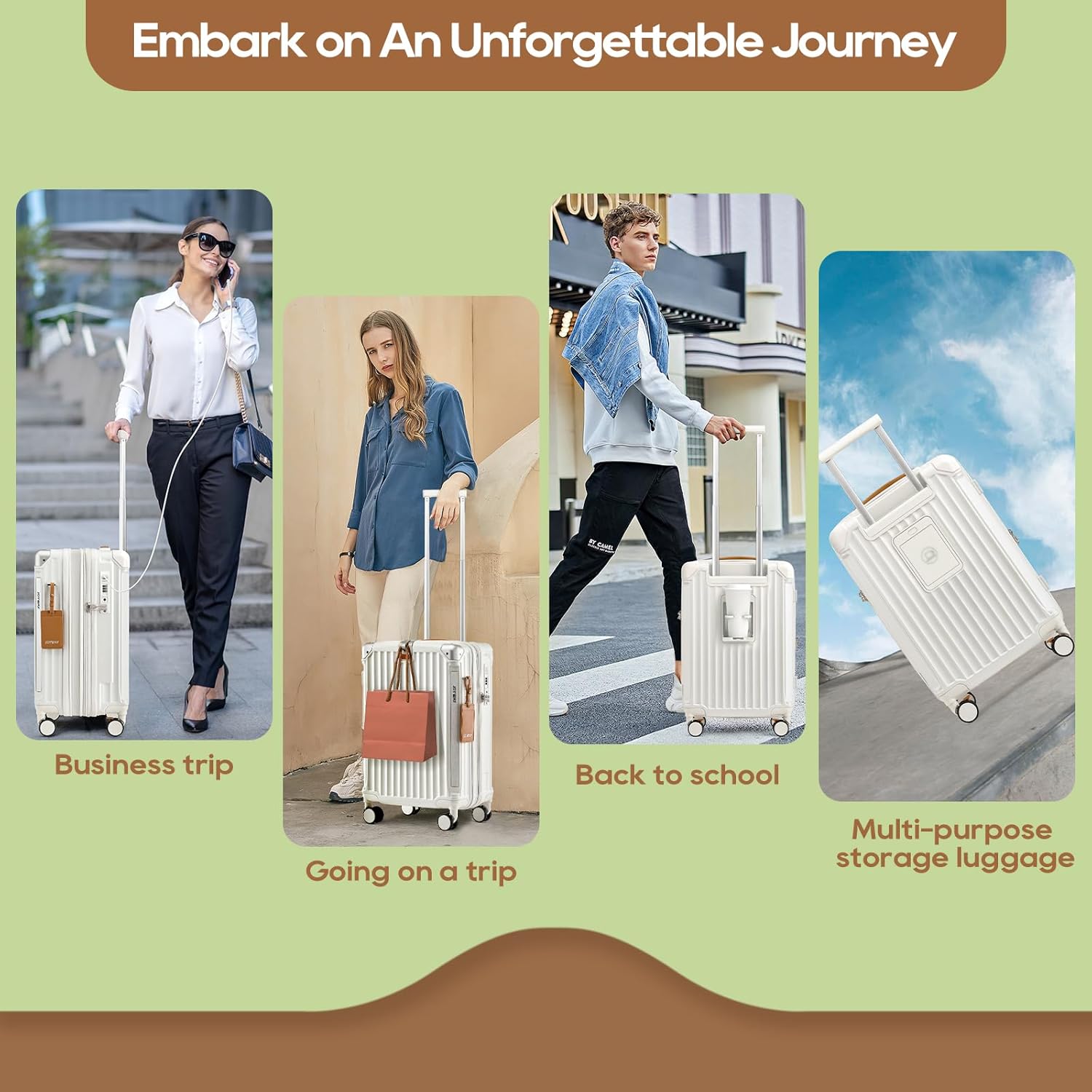 Joyway 20in Carry On Luggage with Cup Holder and USB Port, 25% Expandable Capacity, Smart Suitcase with Anti Slip Wheels and Handbag, Perfect for Men and Women 3 Piece Set White - Image 9