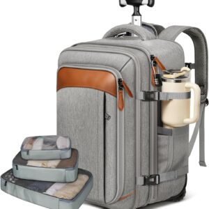 Vancropak Expandable Travel Rolling Backpack with Wheels, Airline Approved Wheeled Backpack with 3 Packing Cubes, 17 Inch Roller Carry on Luggage Suitcase Laptop Bag for Men Women, Grey