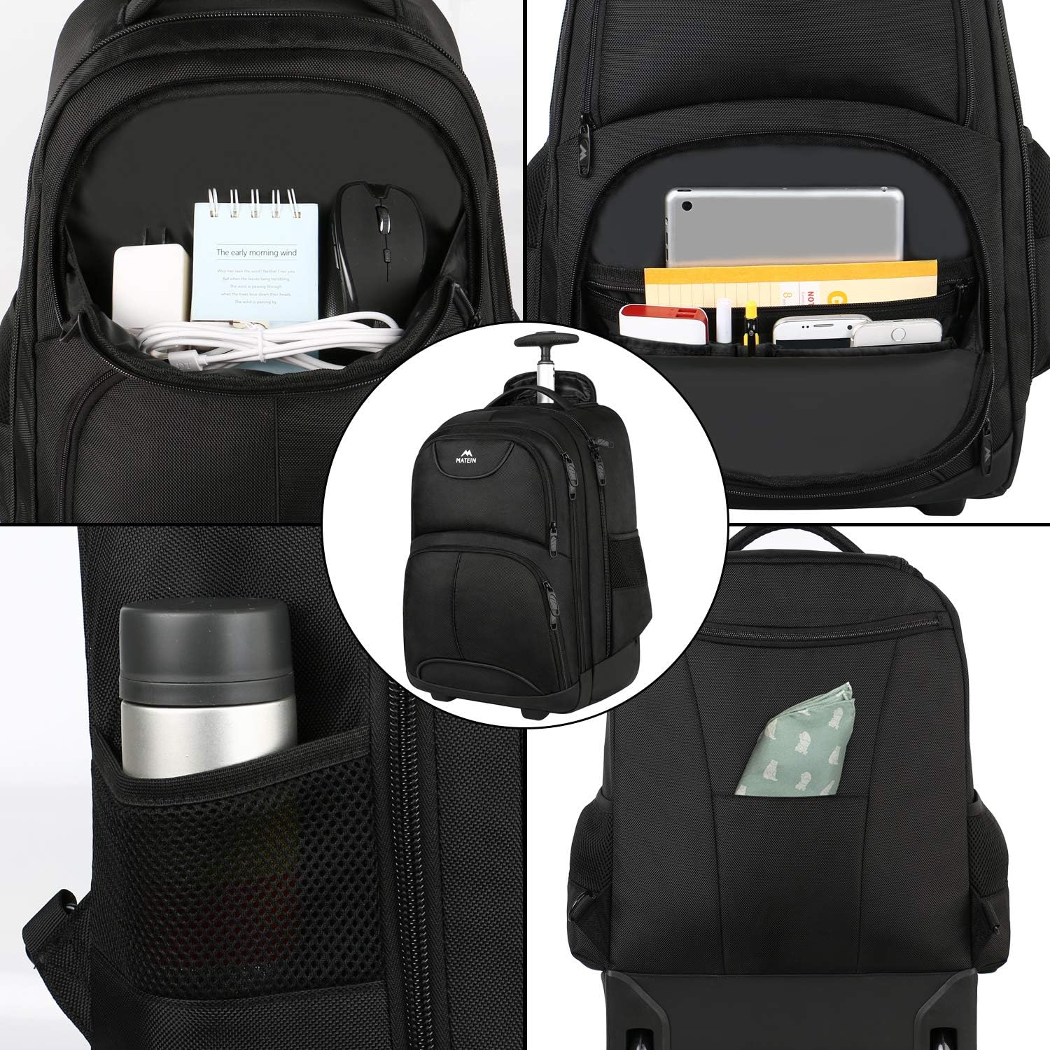 MATEIN Rolling Backpack, 17 inch Water Resistant Wheeled Laptop Backpack, Carry on Luggage Business Bag, Overnight College Computer Bag Trolley Suitcase for Men Women Adults to Travel, Black - Image 3