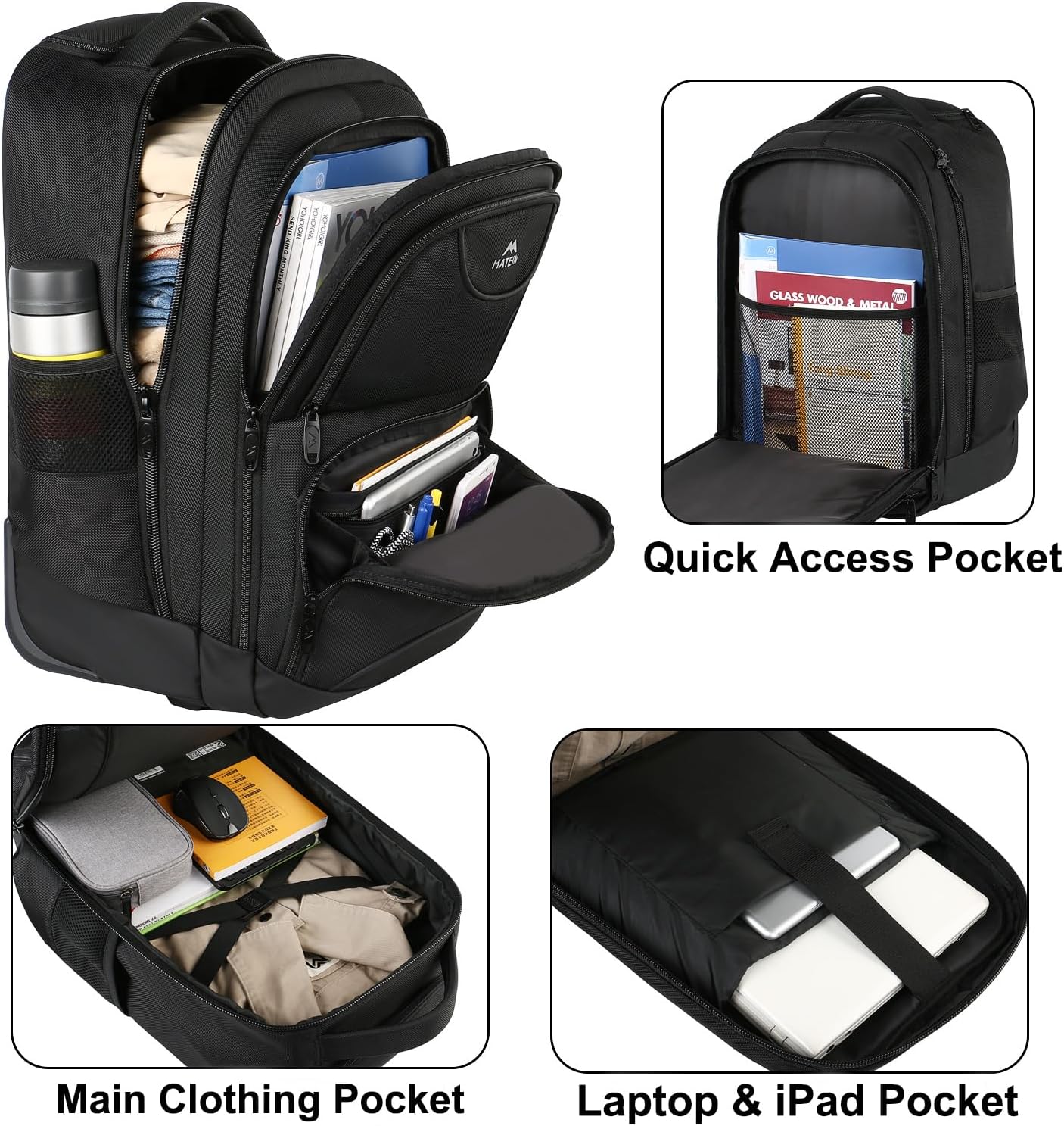 MATEIN Rolling Backpack, 17 inch Water Resistant Wheeled Laptop Backpack, Carry on Luggage Business Bag, Overnight College Computer Bag Trolley Suitcase for Men Women Adults to Travel, Black - Image 2